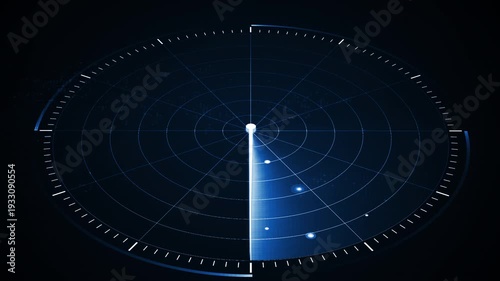 Futuristic digital radar interface data detection and monitoring technology. Blue scanning beam over grid display represents cybersecurity, surveillance systems, advanced digital tracking concepts.