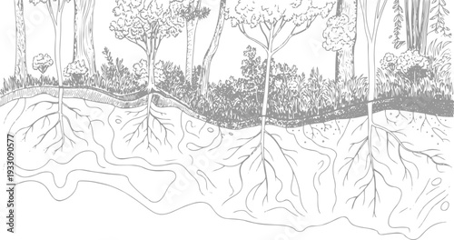 Detailed cross section of forest floor showing tree roots and soil layers trees