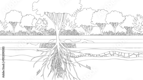 Cross section of a large tree with exposed roots and layered ground below
