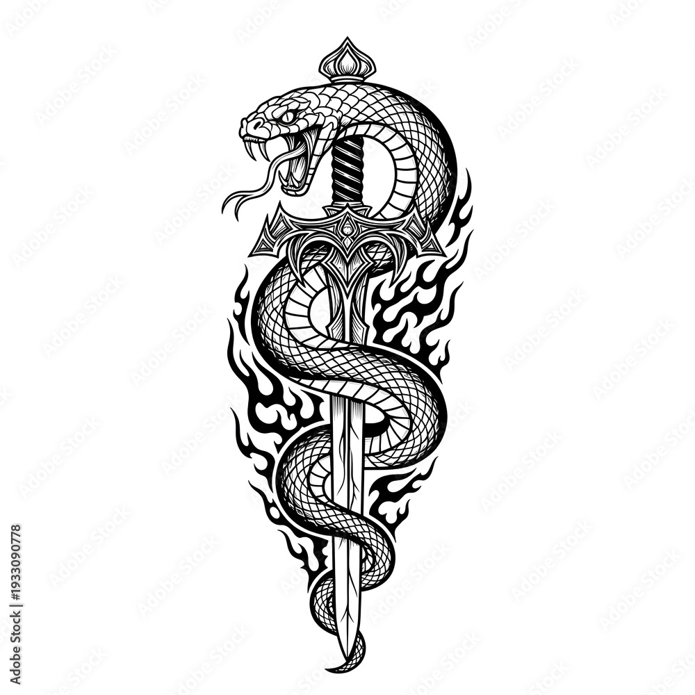 Fototapeta premium Intricate Tattoo Design Featuring a Snake Coiled Around a Sword.