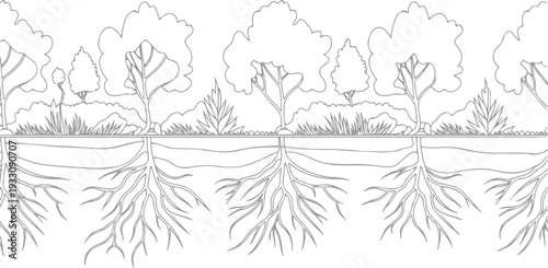 Stylized line depiction of a cross section of earth showing tree roots and foliage above ground nature