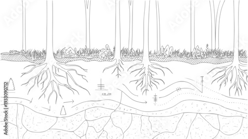 Cross section of forest soil layers showing tree roots and underground water flow