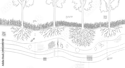 Detailed cross section of tree roots in soil layers with various textures and organic matter