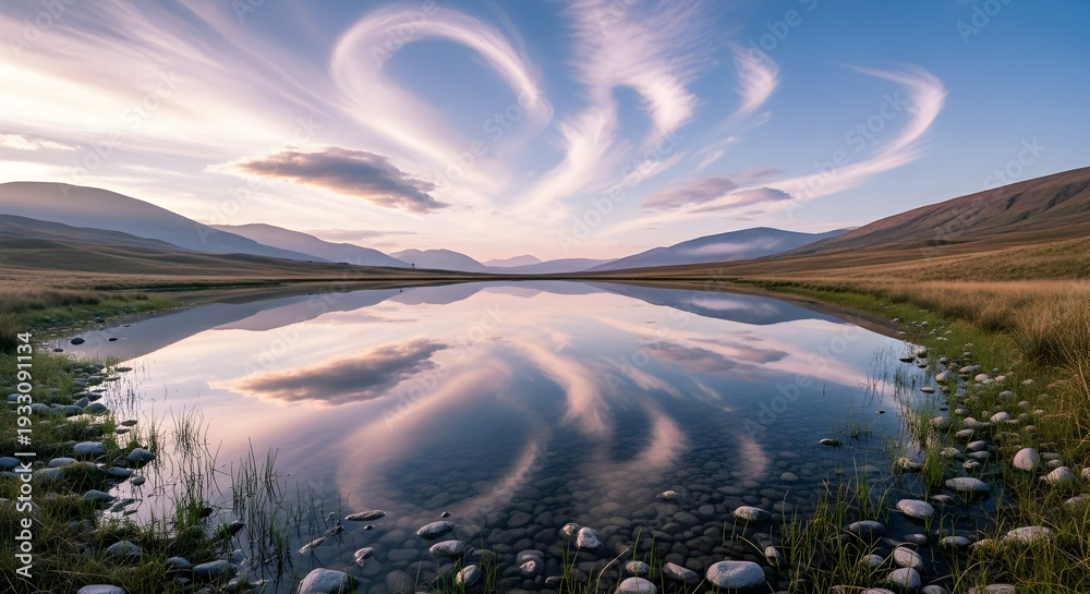 Obraz premium Serene Lake Reflection - A Tranquil Landscape with Dramatic Sky.