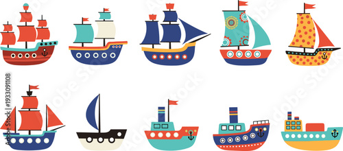 Collection of Colorful Ship Vector Illustrations with Different Styles Including Pirate, Sail, and Modern Boats