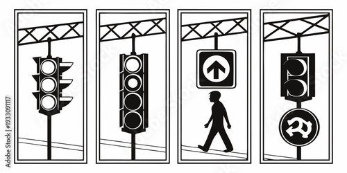 A series of traffic lights and pedestrian signals in various states of illumination. Vector