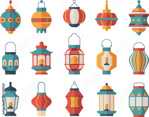 Colorful decorative lantern silhouettes, Asian cultural festival vector illustration, traditional celebration design inspiration, ornamental icons with tassels and patterns