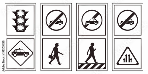 Various road and pedestrian signs indicating restrictions and guidance for safe travel. Vector