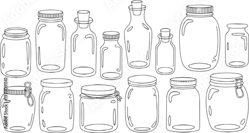 Collection of Hand Drawn Outline Glass Jars and Bottles with Various Lids and Corks container storage