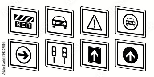 A collection of various road signs and symbols for traffic and safety guidance. Vector
