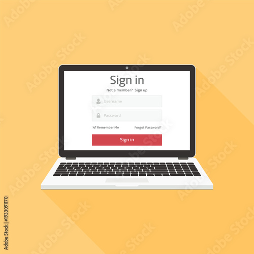 Login form on laptop screen. Laptop with login and password page.