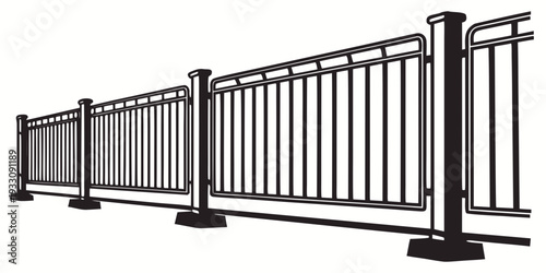 A tall, black metal fence with vertical bars and horizontal crossbars Vector