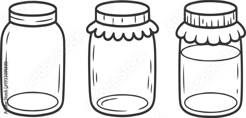 Three hand drawn glass jars one empty one with lid and one with liquid and lid full