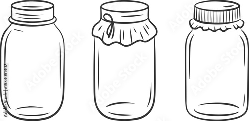 Three hand drawn glass jars with different lids one with screw cap second with cloth and string third with ridged cap