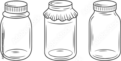 Three outline of glass jars with different lids and caps on a white background bottle container