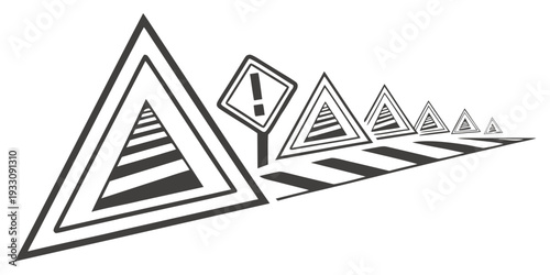 A series of triangular warning signs with exclamation marks inside, decreasing in size Vector