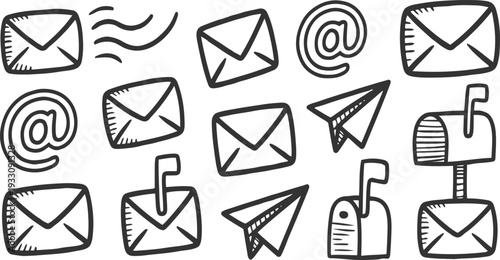 Hand drawn black and white communication envelopes mailboxes paper airplanes at symbols doodle