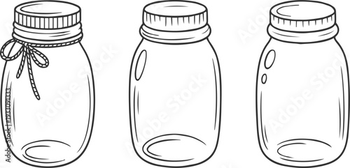 Three empty glass mason jars with screw tops one tied with twine and bow container