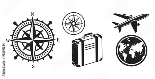 A collection of icons representing navigation, technology, and global connectivity. Vector