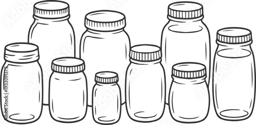 Assortment of empty glass jars with screw-on lids arranged in a row container bottle