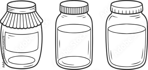 Three hand drawn glass jars with lids and one jar with a decorative ruffled lid and label space container