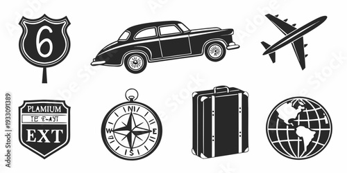 Iconic symbols representing travel, adventure, and exploration across various modes of transportation Vector
