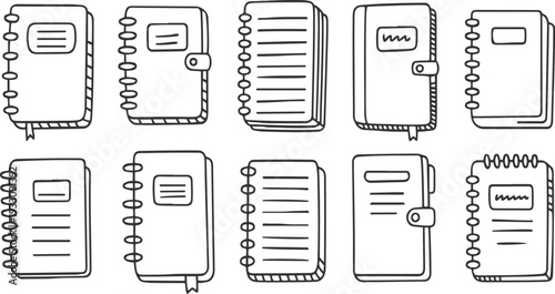 Collection of ten hand drawn black and white notebook and journal with spiral and bound bindings diary