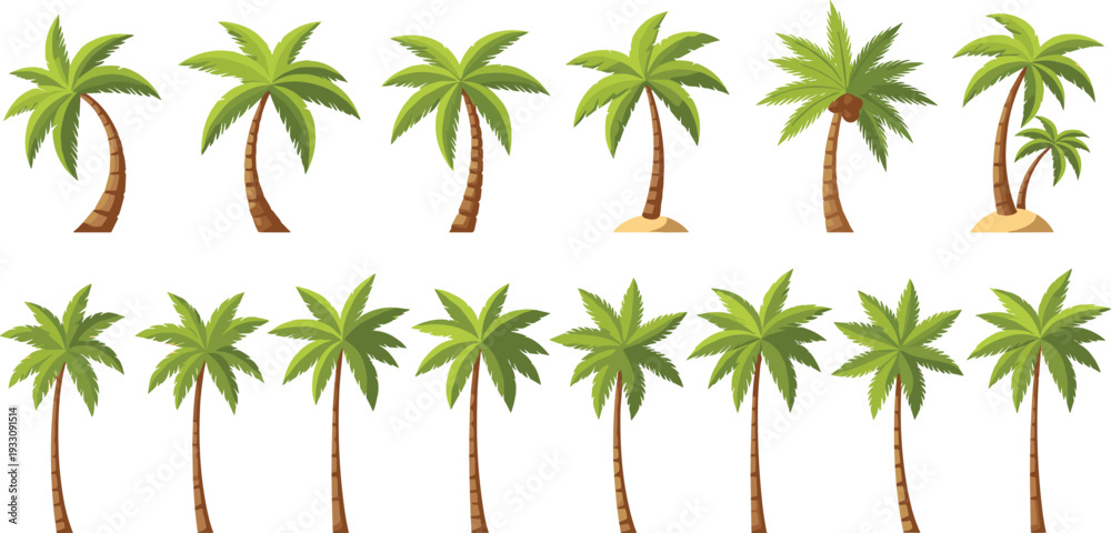 Obraz premium Set of Various Palm Tree Vector Illustrations Featuring Different Shapes and Styles for Tropical and Nature Designs