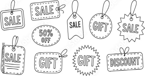 Collection of hand drawn doodle style sale gift and discount tags with string label