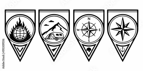 Four flags representing travel, adventure, navigation, and exploration. Vector