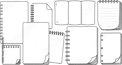 Collection of various open and closed blank spiral bound notebooks and loose pages with simple line paper