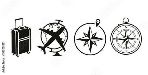 Travel icons representing luggage, a map, and compasses for navigation Vector