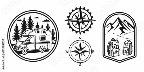 Four unique emblems featuring compasses and intricate designs. Vector
