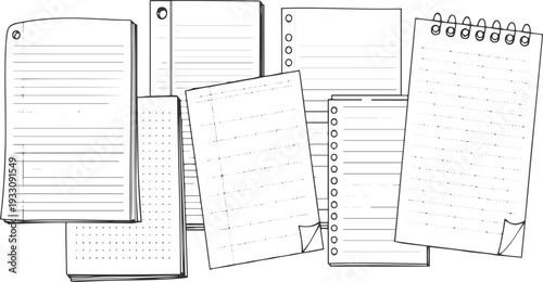 Hand drawn collection of lined and dotted paper sheets with spiral binding and punched holes notebook