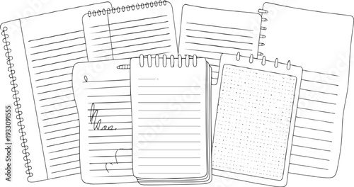 Collection of hand drawn spiral bound notebooks with lined and dotted paper writing doodle
