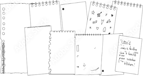 Scattered hand drawn and notes on blank paper sheets with spiral binding notebook doodle