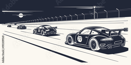 A group of people skiing down a snow-covered slope at night with lights illuminating the path Vector