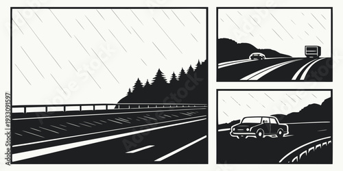 A dramatic scene of a car accident on a rainy highway with a truck overturned Vector