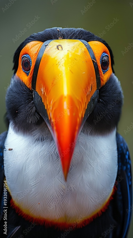 Fototapeta premium Close view of a toucan featuring a prominent orange beak and black and white feathers, highlighting the texture and colors of its plumage in a natural setting