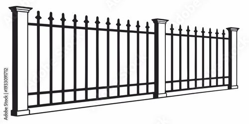 A decorative metal fence with vertical bars and pointed tops Vector