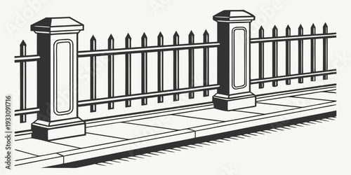 An intricate wrought iron fence with decorative elements and a gate Vector