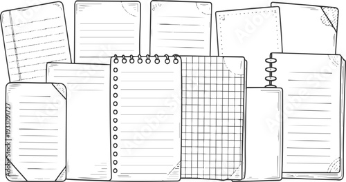 A collection of hand drawn lined and grid paper pages with rounded corners and some with spiral binding