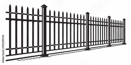 A detailed view of a black metal fence with pointed tops and a gate Vector