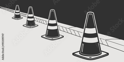 A series of traffic cones lined up on the side of a road. Vector