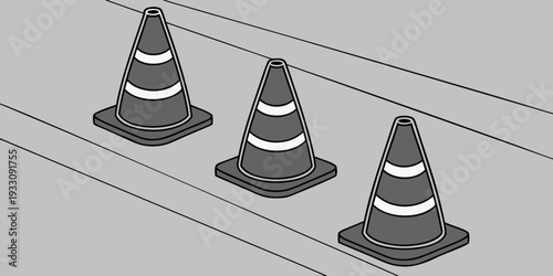 Three traffic cones placed on a road with a white dashed line. Vector