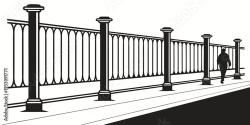 A detailed illustration of a black metal fence with vertical bars and horizontal rails Vector