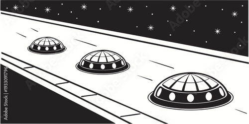 Three futuristic flying saucers hovering above a futuristic city at night. Vector