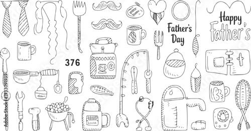 Father's Day doodle collection with ties mustaches mugs fishing rod tools and gifts happy greeting card