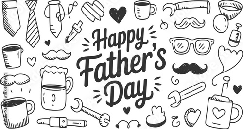 Hand drawn doodle collection of father's day symbols including ties mugs wrenches and mustaches happy