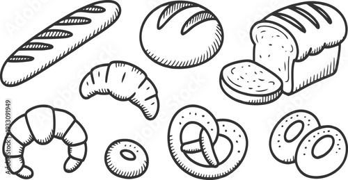 Hand drawn collection of various baked goods including baguette loaf croissant pretzel and donuts bread
